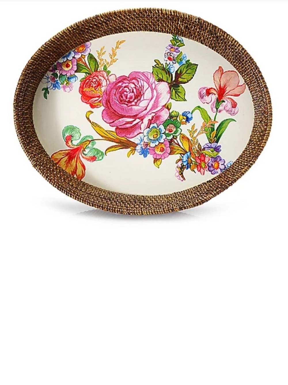 MacKenzie-Childs White Flower Market Rattan Serving Tray